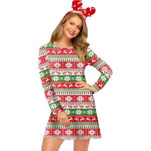 Women’s Christmas Printed Tunic Dress - Long Sleeve Crewneck Casual Holiday